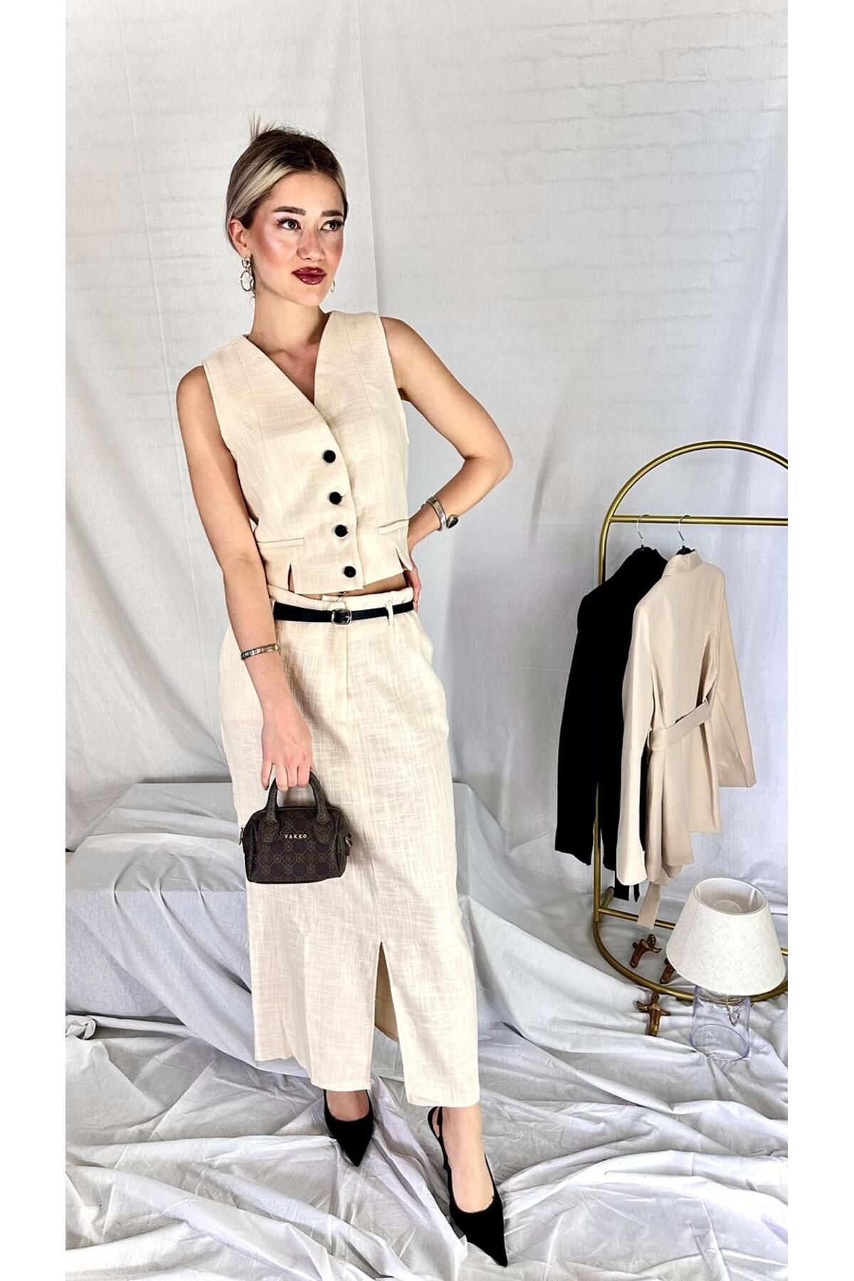 Krem Etek Yelek Kemerli İkili Takım