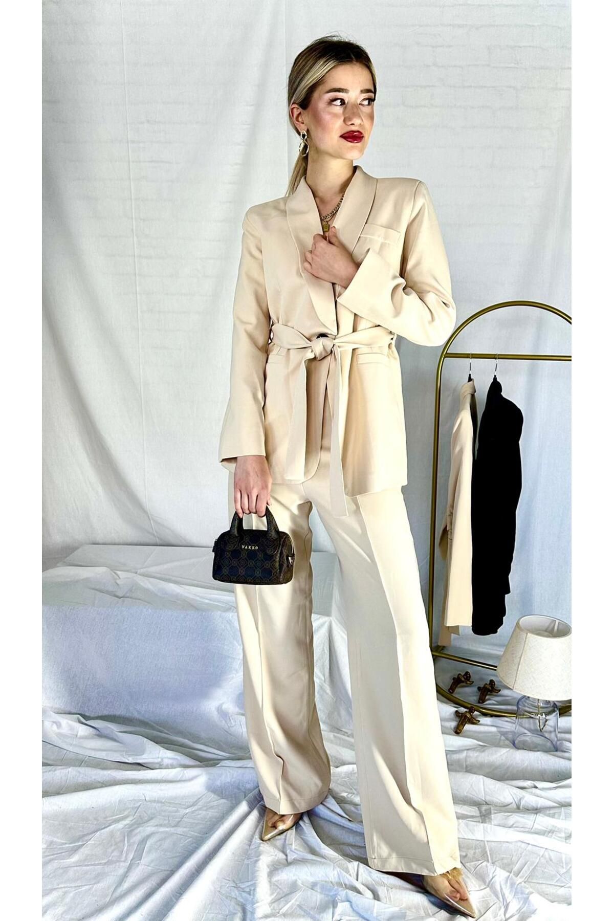 Bej Blazer Ceket Pantolon Takım