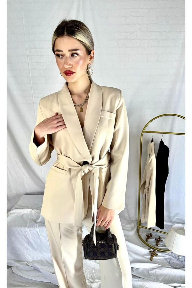 Bej Blazer Ceket Pantolon Takım