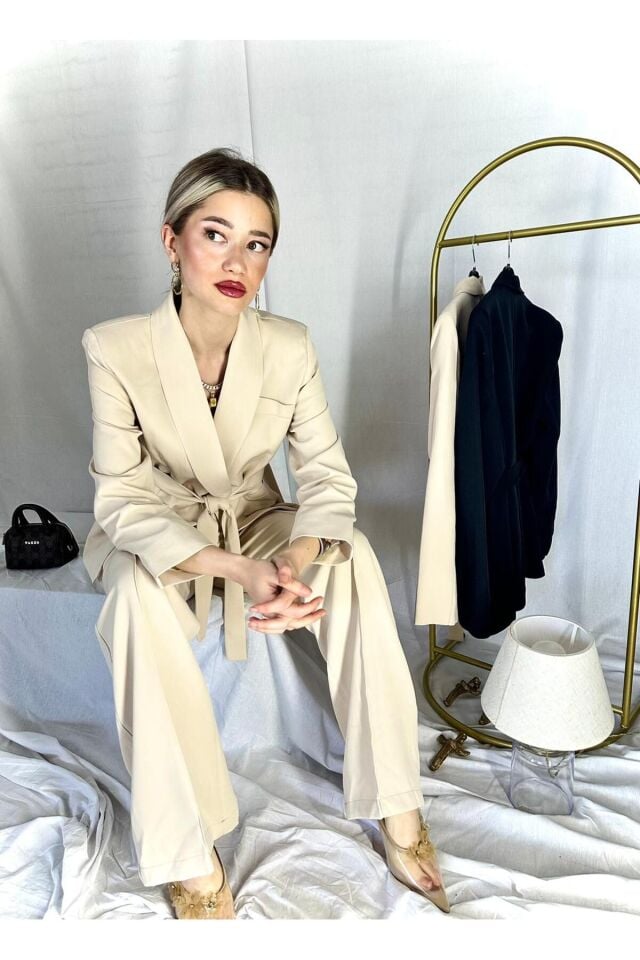 Bej Blazer Ceket Pantolon Takım