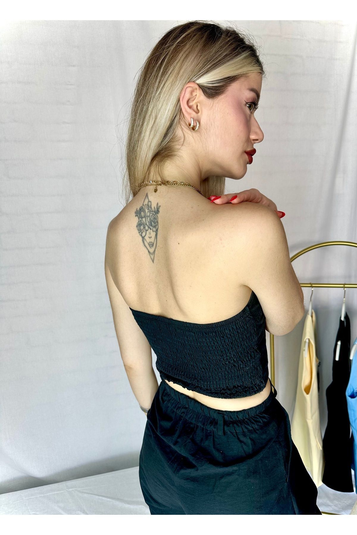 Siyah Straplez Üst & Pantolon Takım