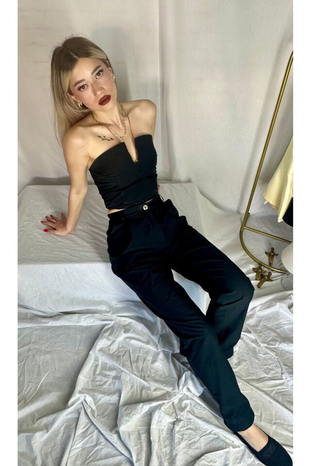 Siyah Straplez Üst & Pantolon Takım