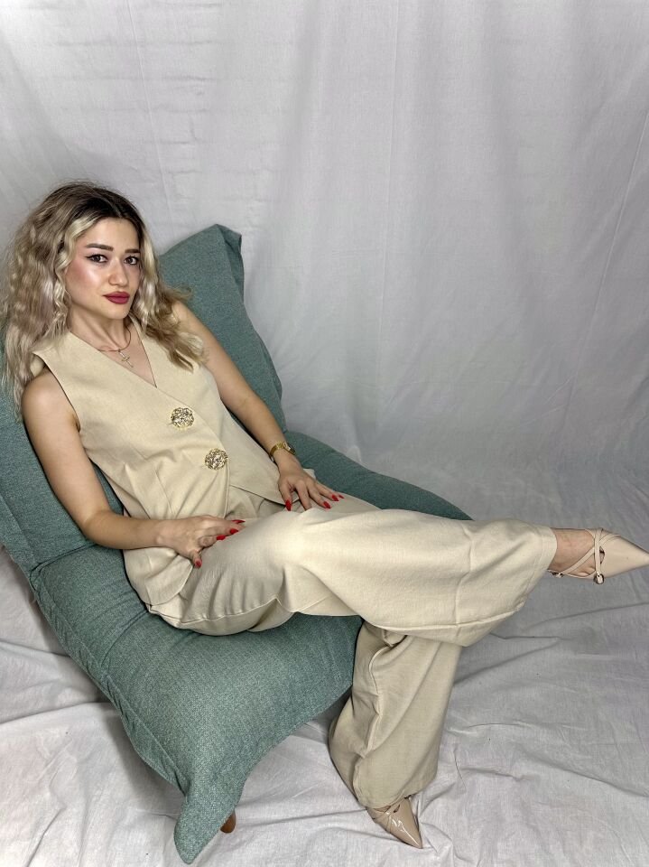 Gold Düğme Detay Bej Yelek & Palazzo Takım