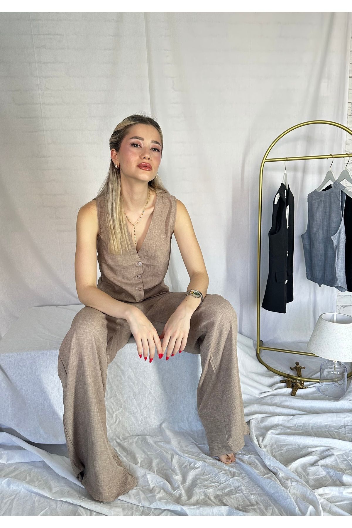 Kahverengi Yelek Palazzo Pantolon Takım