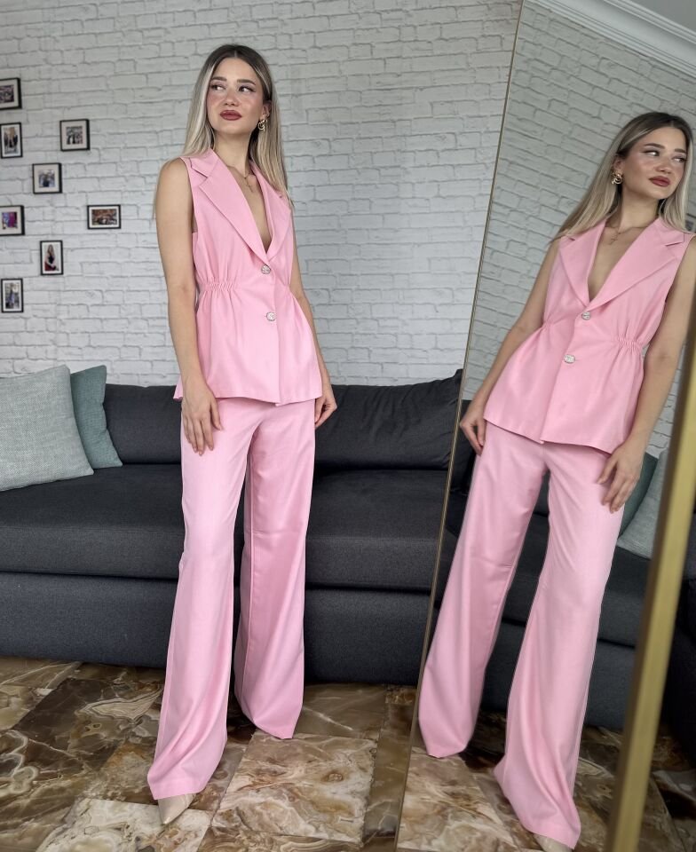 Büzgü Detay Yelek Palazzo Pantolon Takım