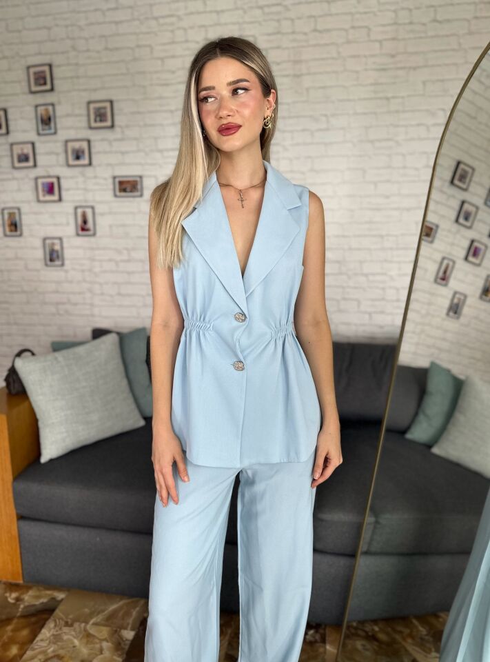 Büzgü Detay Yelek Palazzo Pantolon Takım