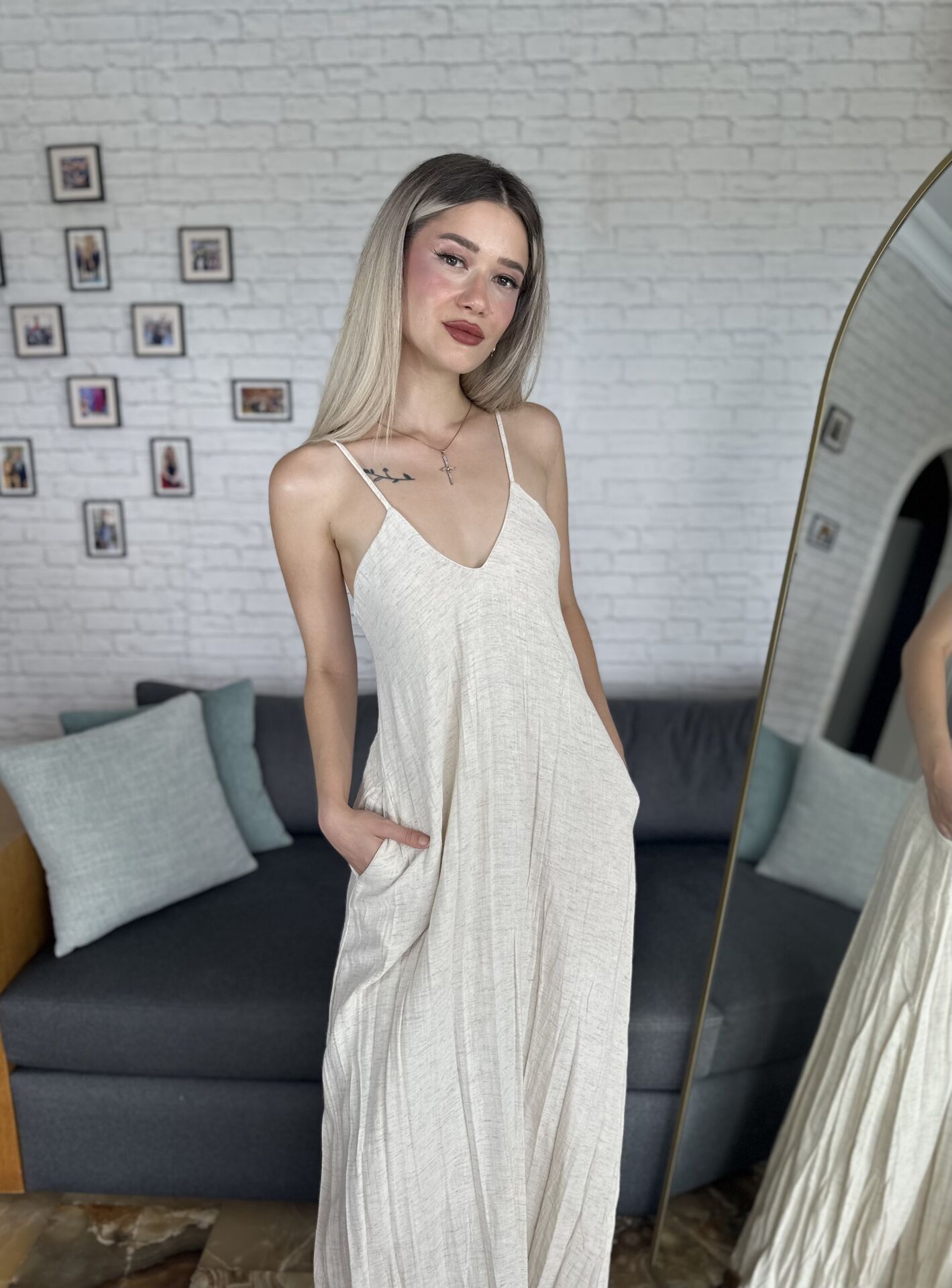 Uzun Boy Askılı Cep Detay Elbise