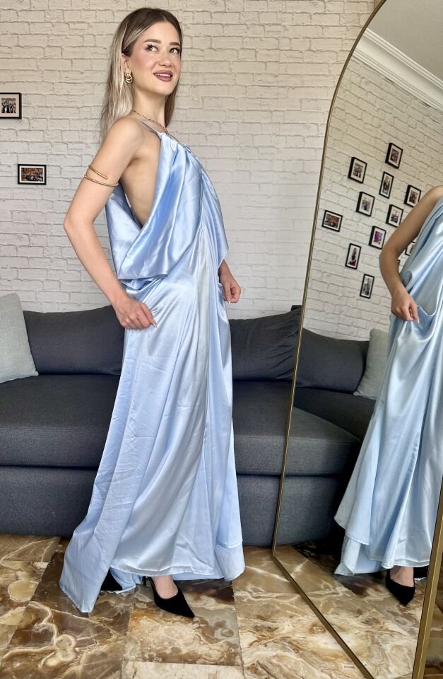 Bebe Mavisi Saten Uzun Elbise