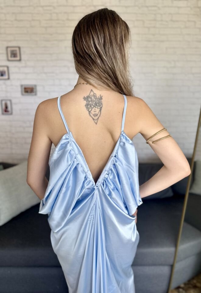 Bebe Mavisi Saten Uzun Elbise