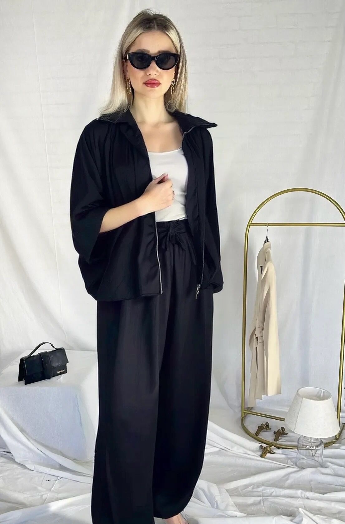 Saten Bomber Ceket Pantolon İkili Takım